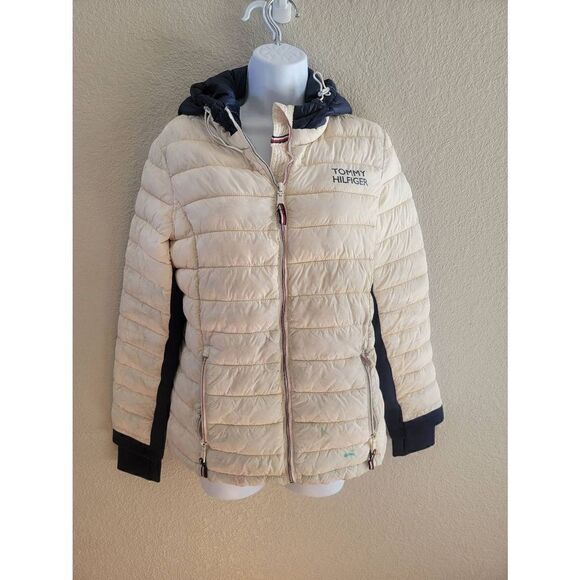 Tommy Hilfiger Women's Vintage Hooded Puffer Jacket Cream / Black Size L - Picture 1 of 6